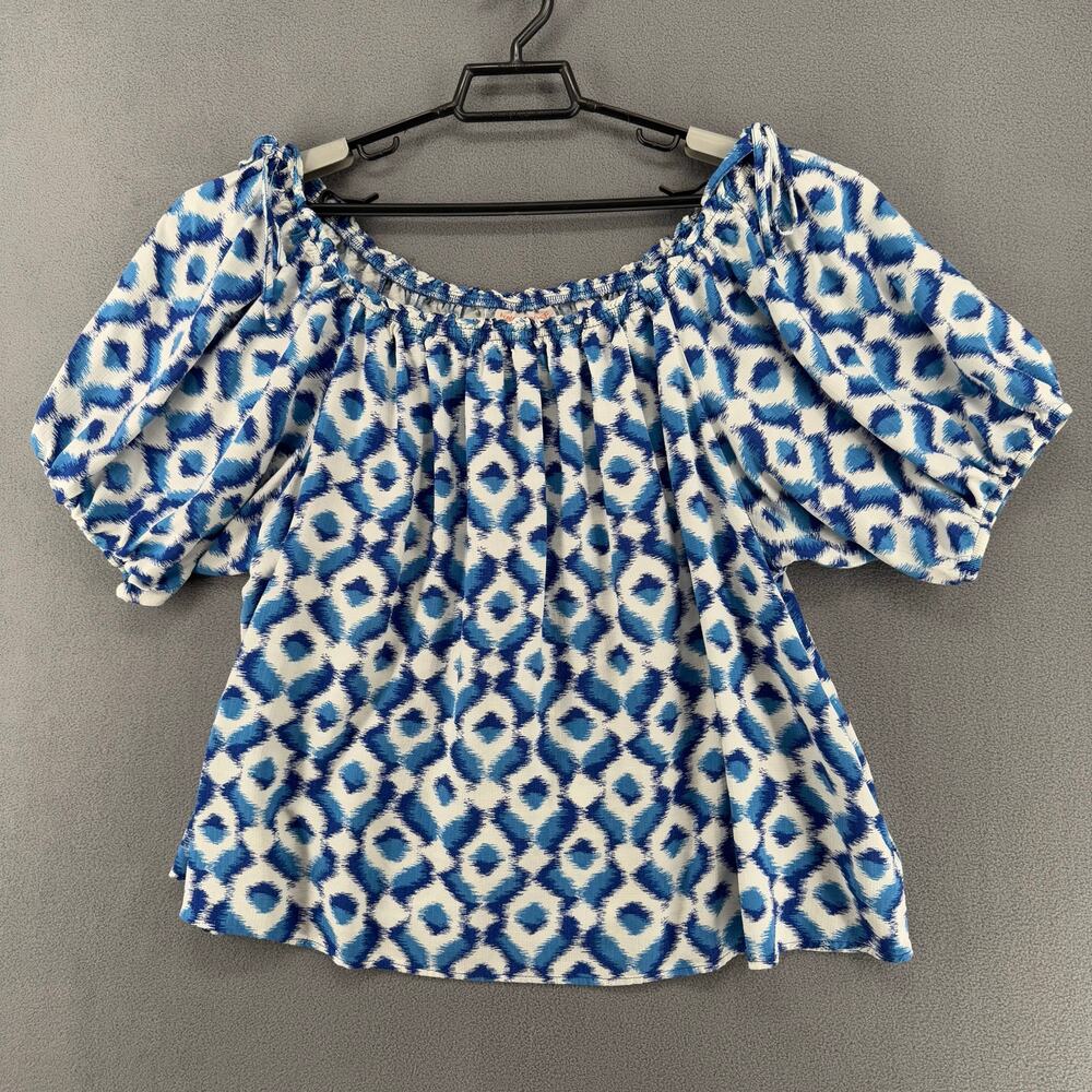 Knox Rose Puff Sleeve Crop Blouse Scoop Neck Womens XXL Blue White Loose Boho
